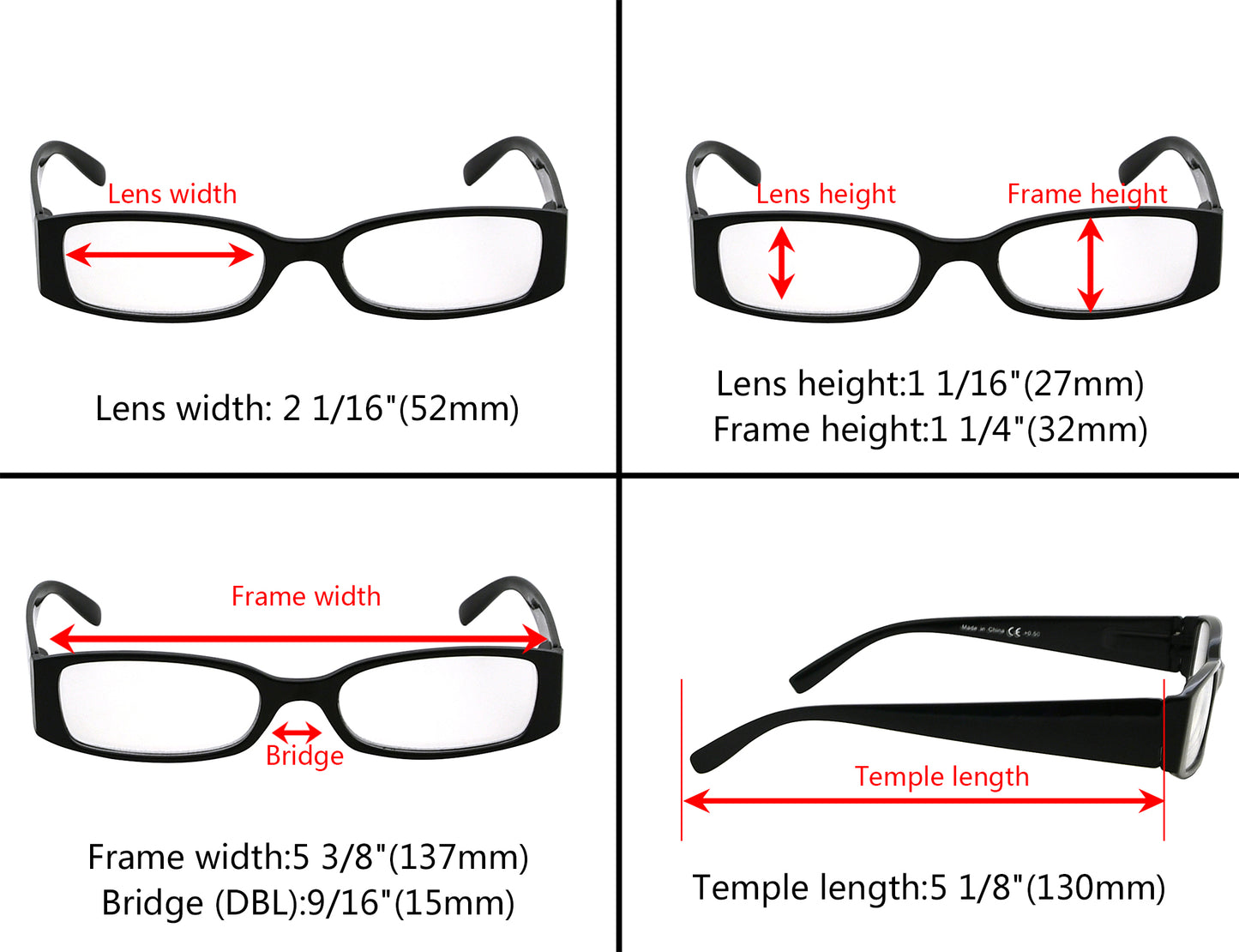 5-pack rechthoekige stijlvolle leesbrillen R040-A
